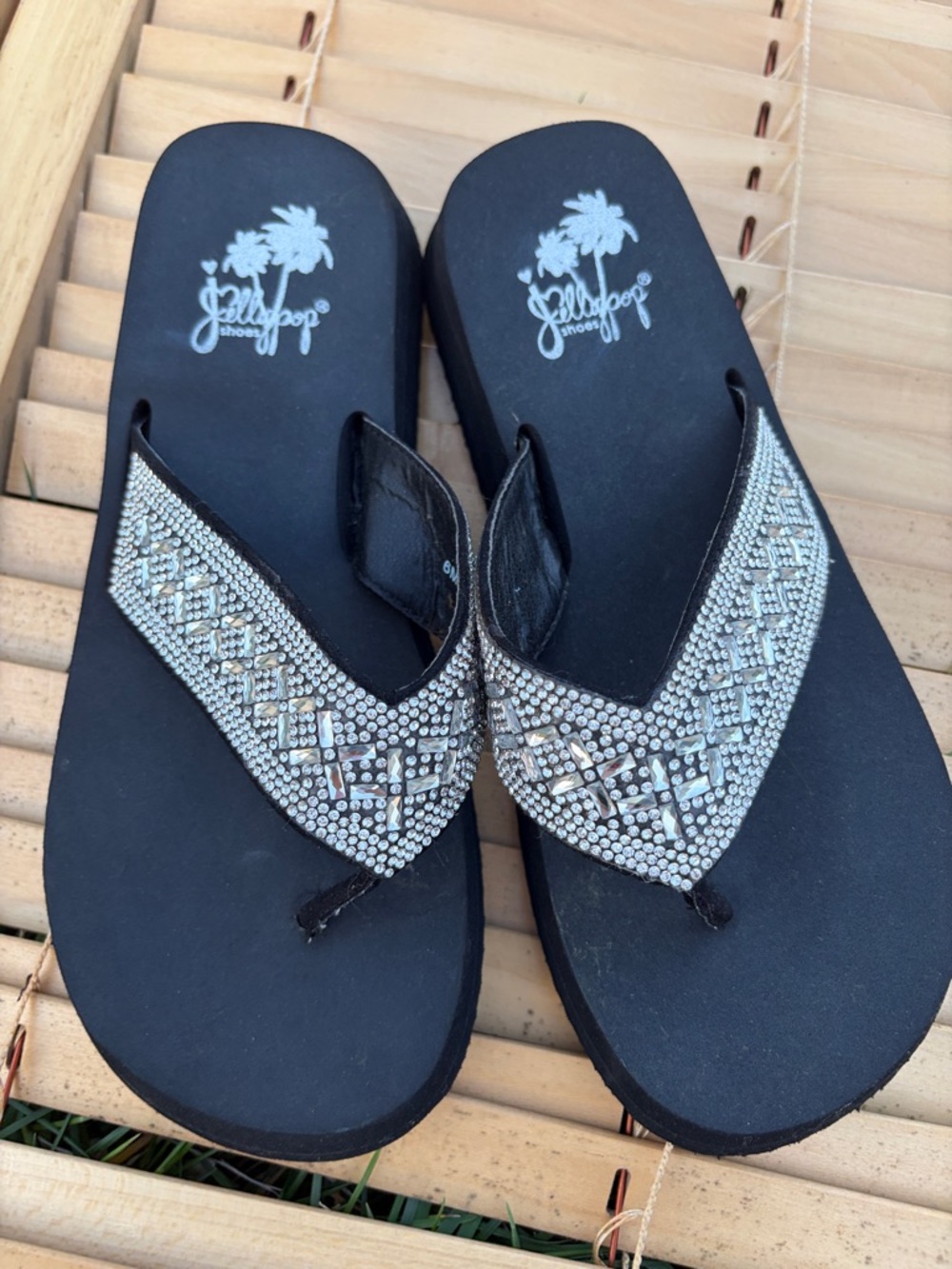 Jellypop Black Rhinestone Embellished V-strap Sandals